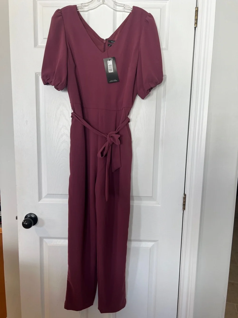RW&CO. Burgundy Puff-Sleeve Jumpsuit - Picture 1 of 6